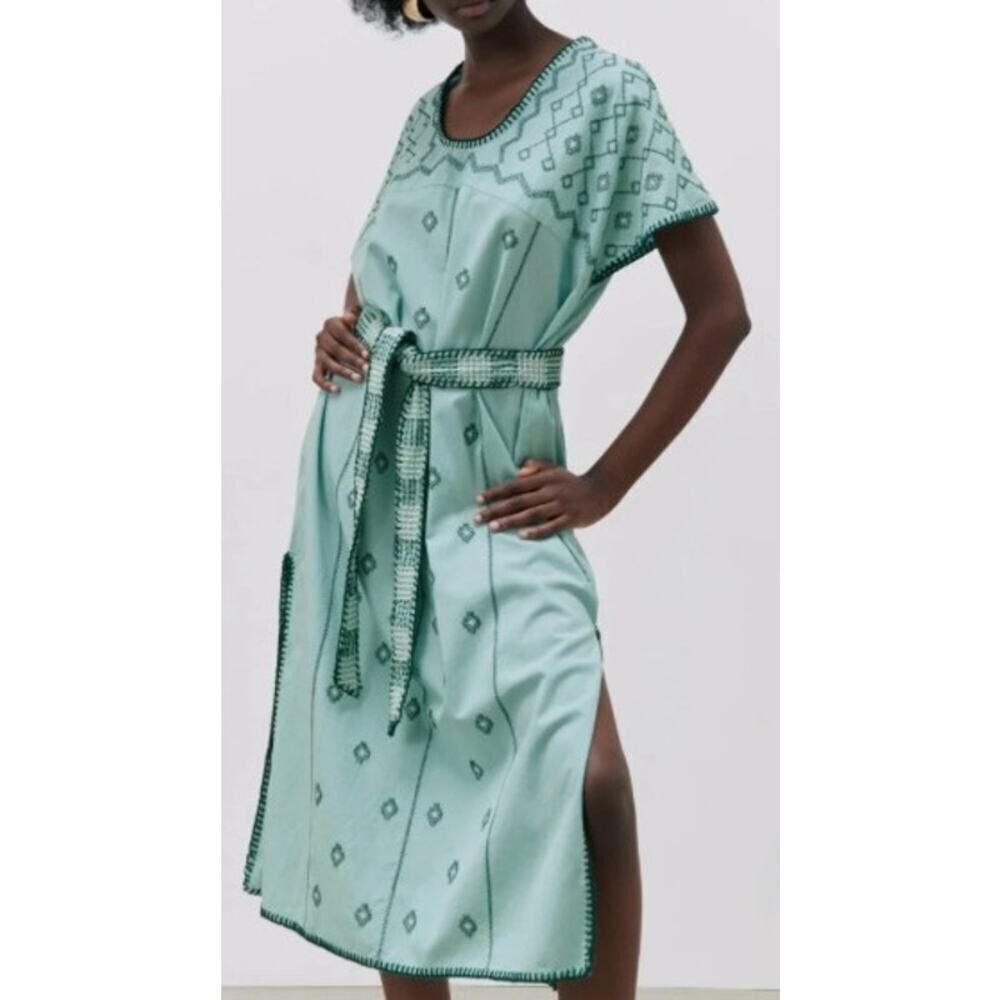Zara Embroidered Linen Caftan Tunic Dress Women’s Size S (No Belt)